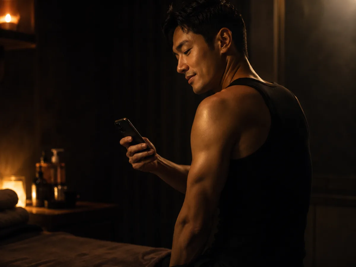 待機中にスマートフォンでAIからの営業提案を確認する男性セラピスト